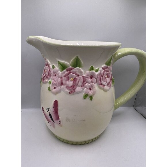 HARRY & DAVID Embossed Pink Butterflies Flowers Ceramic 2 Qt Beverage Pitcher - Picture 2 of 5